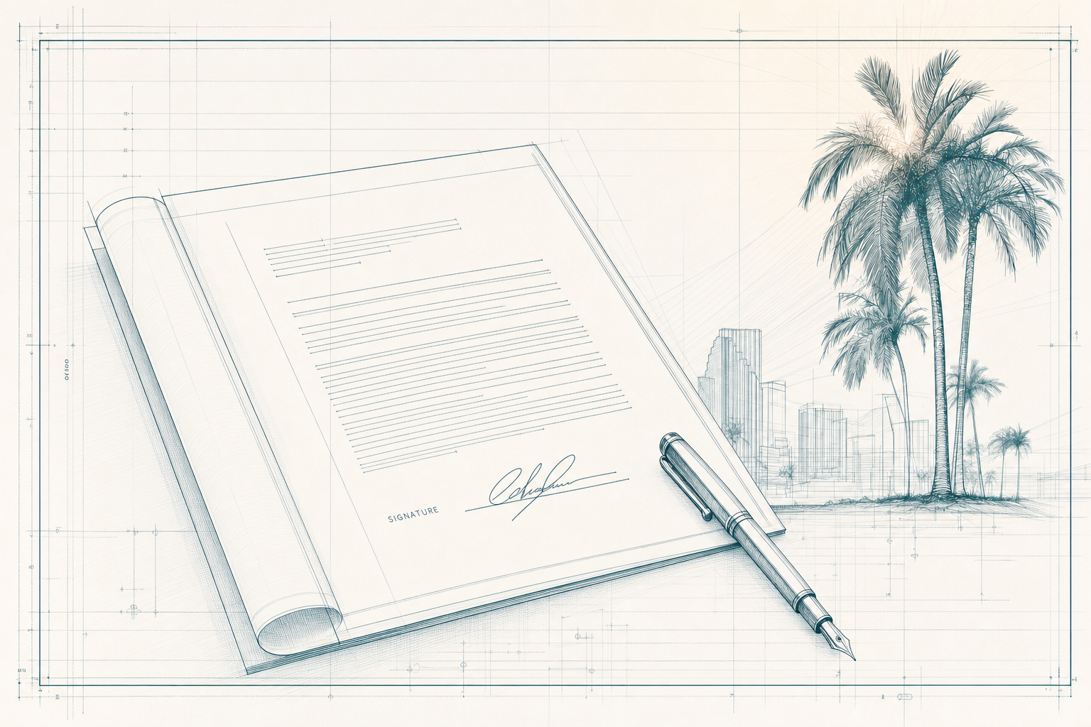 Blueprint sketch of a document being signed with a fountain pen