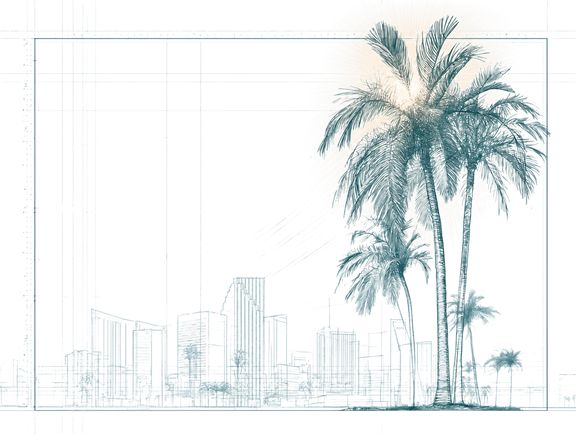 Blueprint-style landscape illustration: two palm trees rising on the right and overstepping the inner draft margin, with a downtown skyline of varying heights drawn in fine teal line work on the left horizon over a whisper-faint blueprint grid, rendered with a transparent background
