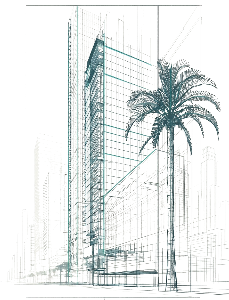 Blueprint-style illustration of a glass skyscraper with palm tree and skyline, rendered in teal line work on transparent background
