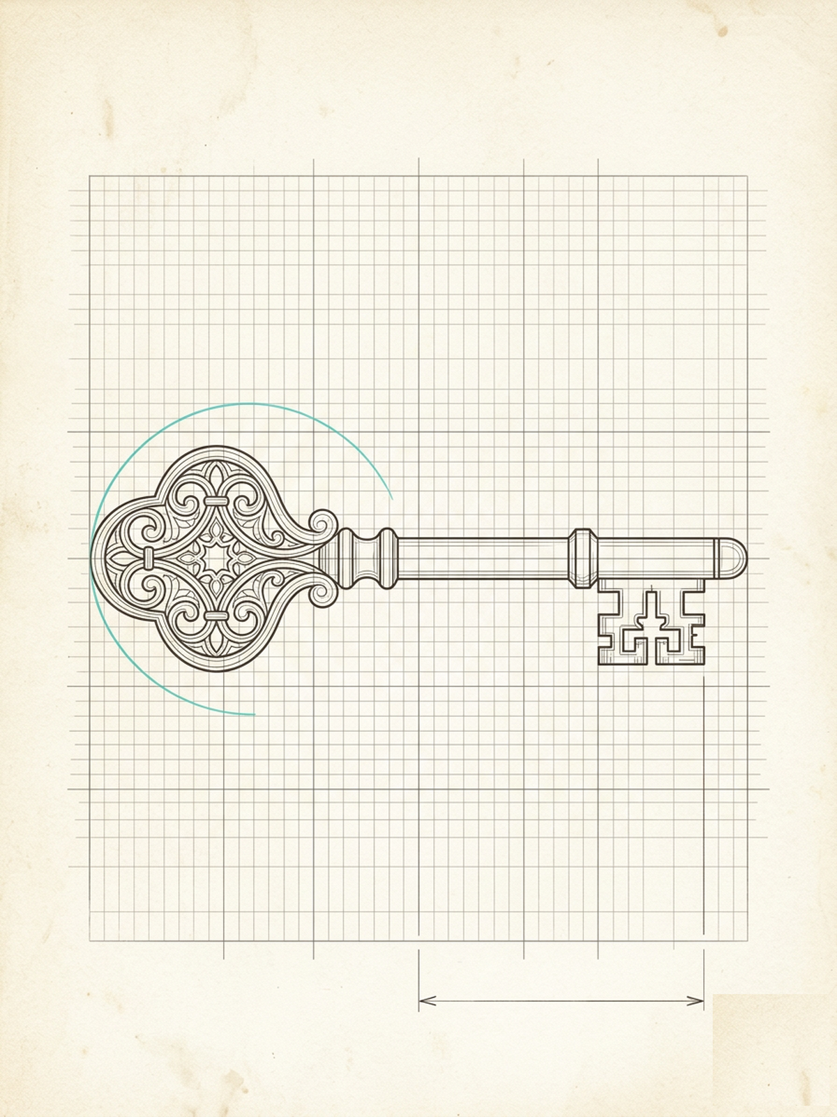 Vintage drafting illustration of a ceremonial key — Franco Blueprint Cultural Leaders